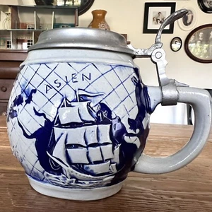 Gerzit Gerz Bierstein blau Krug Weltkarte Zinn Zinn Deckel West Germany - Bild 1 von 15