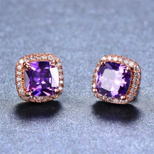 2ct Lab-Created Purple Amethyst Halo Solitaire Stud Earrings 14k RoseGold Plated - Picture 1 of 4