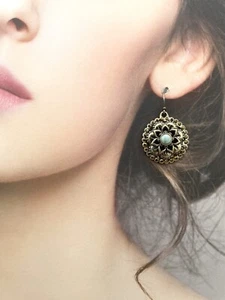 Lucky Brand Gold Tone Turquoise/ Crystal Hollow Flower Hook Dangle Drop Earrings - Picture 1 of 5