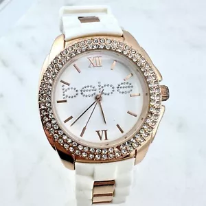 Bebe Rose Gold Tone Bejeweled, White Strap, New Battery - Picture 1 of 11