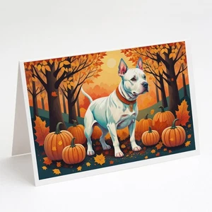 NEW White Pit Bull Terrier Fall Greeting Cards Pack of 8 Blank Cards with - Picture 1 of 4