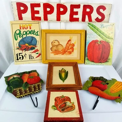 Lote de 8 letreros de arte de cocina de maíz de pimientos decoración de pared vegetal rústica de granja Foto 1 de 4