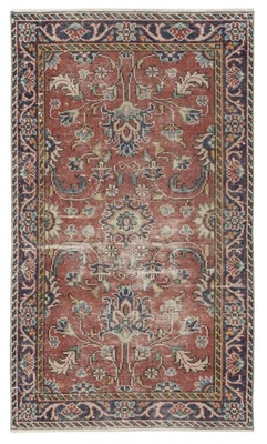 3.5x6 Ft Vintage Handmade Turkish Red Wool Accent Rug with Floral Design - Image 1 of 4