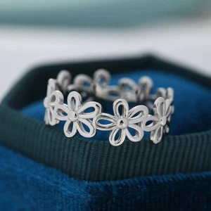 Boho Link Daisy Hollow Flower Sterling Silver Stacking Ring Gift Idea For Her - Picture 1 of 4