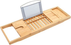 WOODEN BAMBOO BATH CADDY TRAY BATHTUB BOARD BATH SHELF WINE TABLET HOLDER RACK - Picture 1 of 4