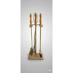 5 Stück Vintage Messing Holz Kamin Werkzeug Set 4 Werkzeuge & Ständer Mid Century Modern - Bild 1 von 8