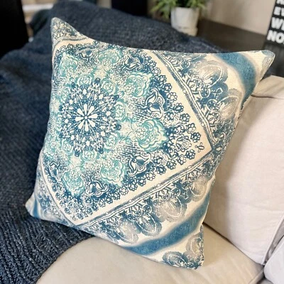 1 Pottery Barn Linen Cotton Medallion 24x24" Throw Pillow Cover Blue Tan Floral - Image 1 of 4