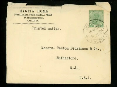 Historia Postal India Scott #107 Publicidad Médica 1930 Calcuta Rutherford NJ Foto 1 de 2