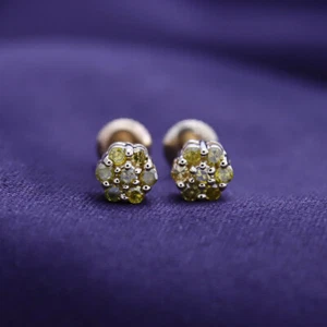 Mens Ladies Round Canary Diamond Flower Cluster Studs Earrings 10k Yellow Gold - Picture 1 of 9
