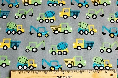 BTY*CAMINHÕES DE BRINQUEDO PEQUENOS/VERDES/AZUL/AMARELOS EM FLANELA CINZA TECIDO 100% ALGODÃO 43X36" - Imagem 1 de 2