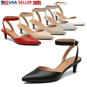 Womens Ankle Strap Low Kitten Heel Pointed Toe Wedding Party Dress Pump Shoes - Picture 1 of 32