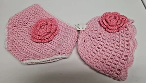 Gorro e parte inferior floral rosa de ganchillo recién nacido de 2 piezas 0-9 mos. ADORABLE!!! Nuevo sin etiquetas - Imagen 1 de 7