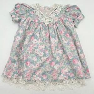 Vintage Floral Dress Sarah Kent Pastel Size 2T Girl Toddler Lace Hem Puff Sleeve - Picture 1 of 13