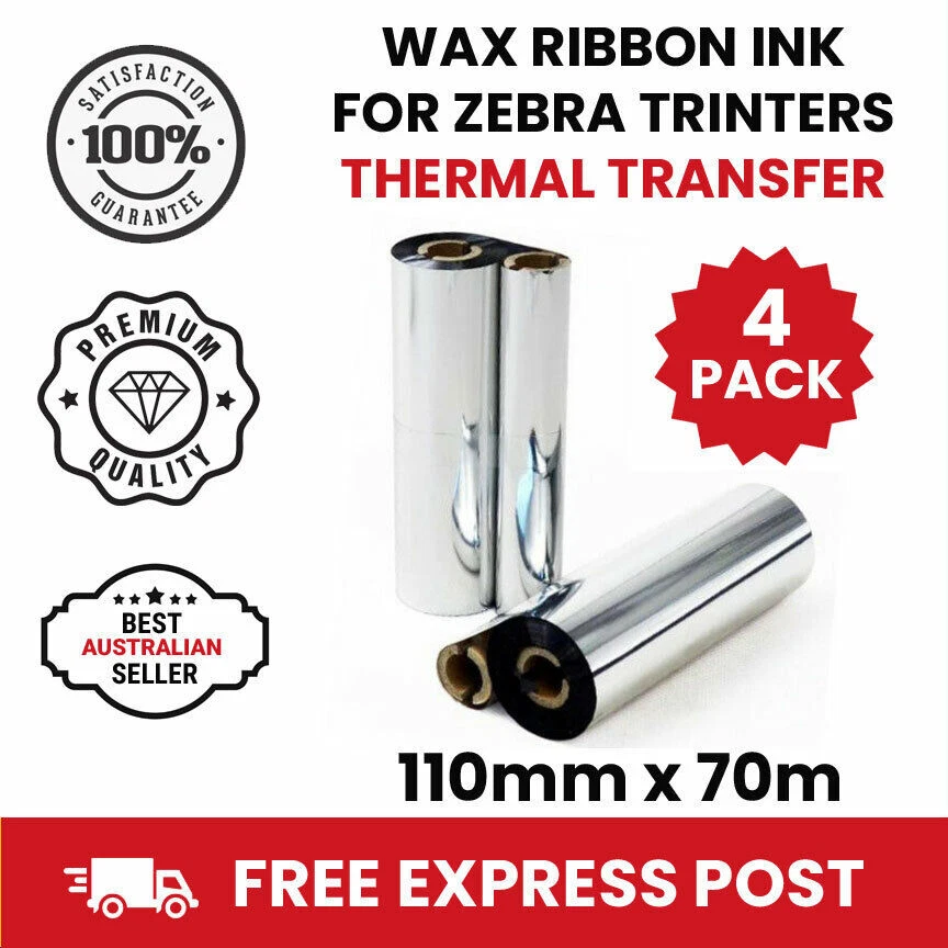4 Rolls Zebra Ribbon for GK420T GX420T GX430T THERMAL TRANSFER RIBBON / WAX ROLL - Image 1 of 1