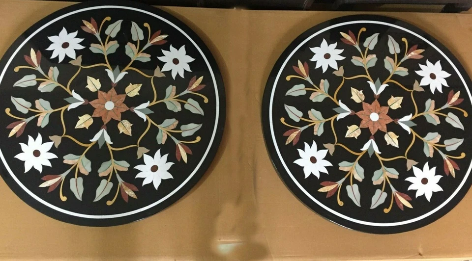 set of two 23" Black Marble coffee center Table Top Pietra Dura art Inlay work - Image 1 of 1
