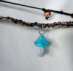 Mushroom Pendant Hemp Macrame Necklace 20" Unisex Hippie Seller Gift - Picture 1 of 7