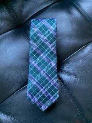 Corbata The Tie Bar Lana/Seda DELGADA Verde/Azul Tartán 2.5"x58.5" Hecha a Mano Foto 1 de 4