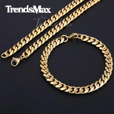 9MM Gold Plated Stainless Steel Curb Chain Jewelry Set, Bracelet+Necklace, New - Image 1 of 4