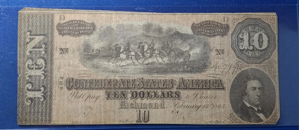 A 1864 Ten ($10) Dollar Bill CSA Note Confederate States of America Richmond - Image 1 of 2