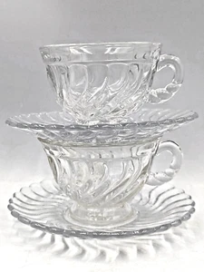 Vintage SET of 2 Fostoria Colony Clear Swirl Glass Cups & Saucers #2412 465 - Picture 1 of 5