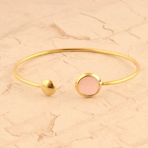 12 mm Round Pink Chalcedony Gemstone Yellow Gold Plated Adjustable Cuff Bangle  - Picture 1 of 3