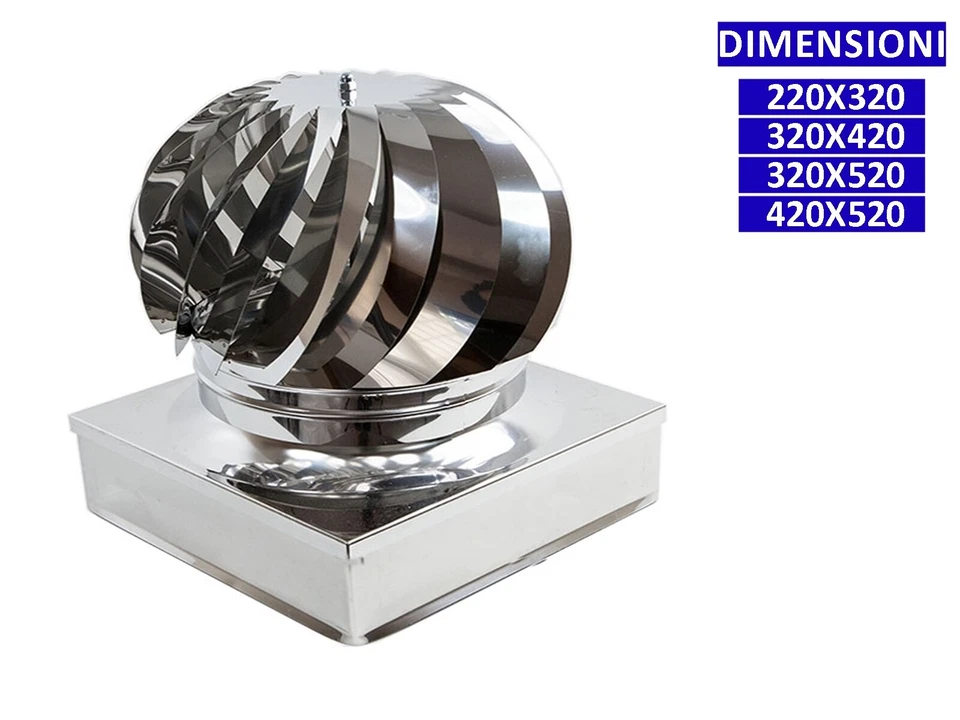 ALLINOX Terminale Eolico Acciaio Inox Canna Fumaria Comignolo Base Rettangolare