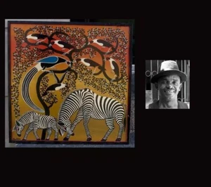 Mohamed Saidi. Zebras und Vögel. Seltenes frühes Tingatinga Öl. Ostafrika. - Bild 1 von 8