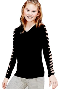 So Cute ~~~~~Girl T-Shirt with Cut Out Long Sleeve T-Shirt Size 10 ~ 12 - Picture 1 of 1