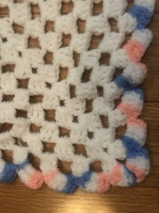 1970’s Vintage Handmade CROCHET Baby Blanket Crib Afghan Pink Blue White Unisex - Picture 1 of 7