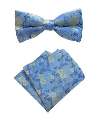 Conjunto de pajaritas para hombre azul cielo amarillo primavera floral fiesta boda seda cachemira B... Foto 1 de 4