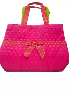 Belvah Pink Green Polka Dot with Bow Quilted Tote Two Handle Compartment Bag - Foto 1 di 22