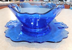 Vtg LE Smith Mount Pleasant Cobalt Blue Glass Bowl & Server Plate 2 Piece Set - Picture 1 of 11