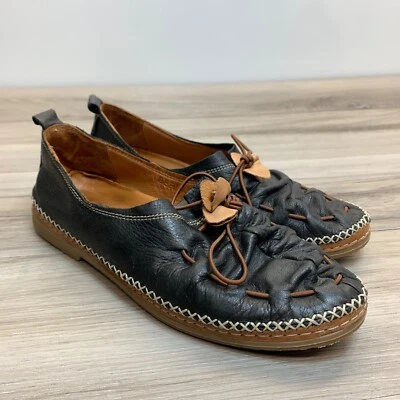 Spring Step Berna Elastic Vamp-Tie Leather Loafers Flexible Black Women 37 6.5-7 - Image 1 of 4