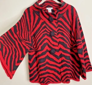 Hannah Red Zebra Print Knit Sweater Jacket Black Buttons Sz M - Picture 1 of 11