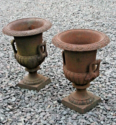 Pair of Cast Iron Garden Urn Planters Handles Antique 17"H X 13" W (qty 2) Cover