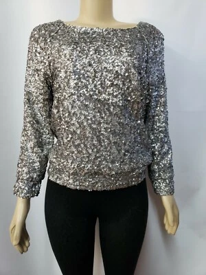 Blusa corta de manga larga plateada con lentejuelas Alice + Olivia para mujer talla M #CB2 Foto 1 de 4