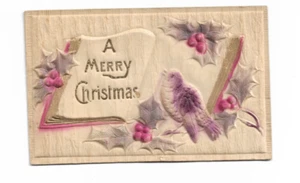 A Merry Christmas Postcard Bas-Relief Embossed Poinsettias Birds - Picture 1 of 2