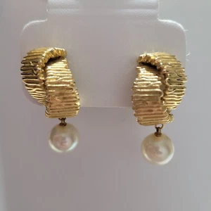 Vintage Simulated Pearl Textured Knot Dangle Drop Earrings Gold Tone - Picture 1 of 7