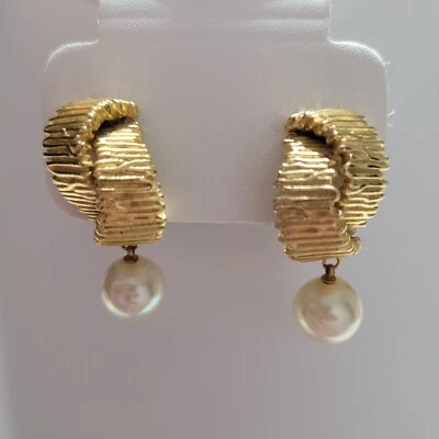 Vintage Simulated Pearl Textured Knot Dangle Drop Earrings Gold Tone - Image 1 of 4