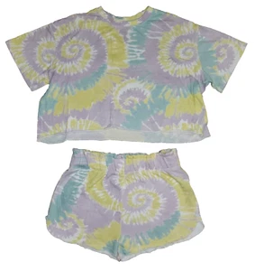 Grayson Threads Kids Tie Dye Set Crop Box Tee & Shorts Purple Yellow Blue S - Picture 1 of 4