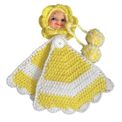 Kitchy Vintage Crocheted Pot Trivet Holder Plastic Hard Baby Lady Doll Face  12" - Image 1 of 3