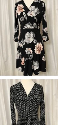 White House Black Market WHBM REVERSIBLE Floral/B&W Stretchy  V- Neck Dress, XXS - Image 1 of 4