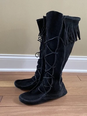 Minnetonka Front Lace Knee High Boots Moccasins Black Suede Leather Women’s 7 - Image 1 of 4