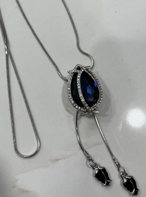 VTG Cobalt Blue Glass And Black Enamel Tulip Flower Silver Bolo Necklace 33” - Image 1 of 4