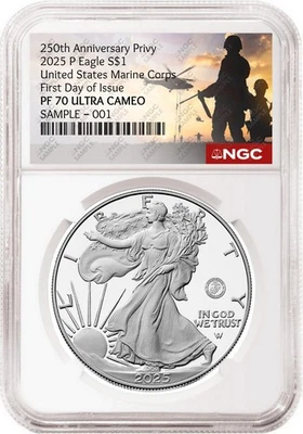 2025 P Silver Eagle Marine 250 aniversario privado NGC PF70 FDOI 250 preventa Foto 1 de 4