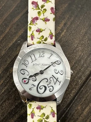 Betsy Johnson Stainless Bezel Dial Yellow Band With Roses Needs Battery - Image 1 of 4