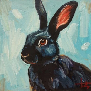 Pintura al óleo original "Retrato de un conejo negro" 6x6 pulgadas pintura animal - Imagen 1 de 6