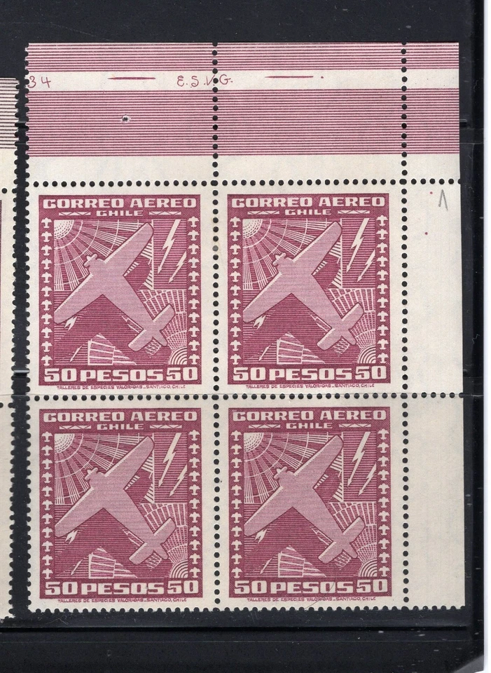 CHILE 1934-55 International airmail 50p LILA wmk.1 2 MNH/ 2 MH block 4 IMPRINT - Image 1 of 1