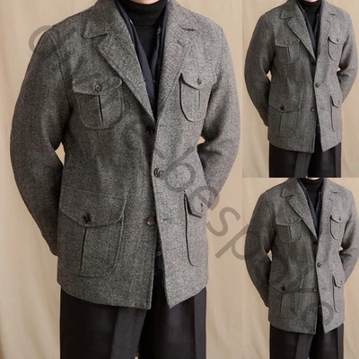 Gris Espiga Para Hombre Trajes Safari Chaqueta Tweed Informal Exterior Cálido Abrigo Pantalón Foto 1 de 4