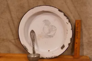 Antique Enamelware Child's Plate Cutie Pie Little Girl Art & Spoon Used Chippy - Picture 1 of 3